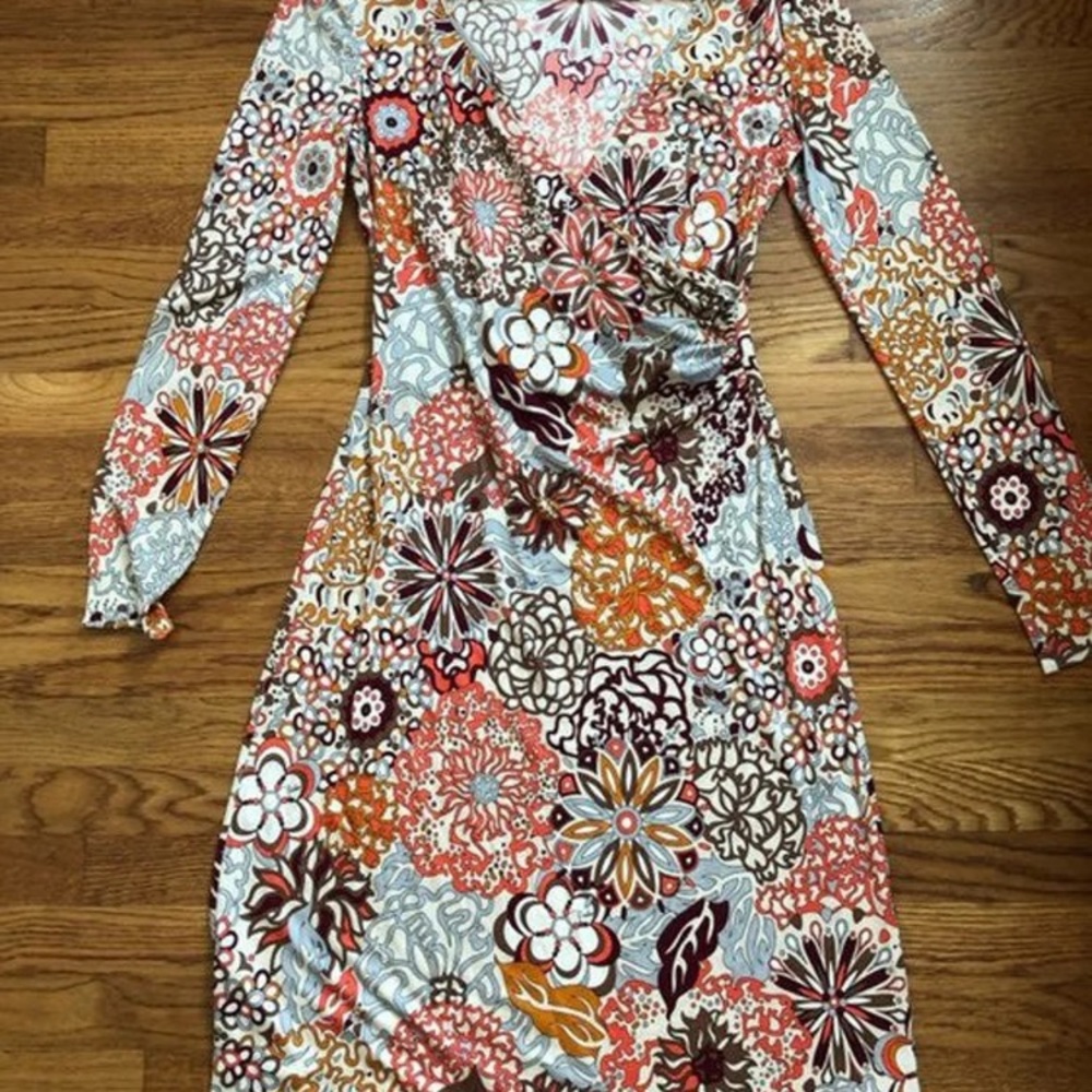 Emilio Pucci Floral-Print Wrap Midi Dress in Brown, Orange, White, Blue
